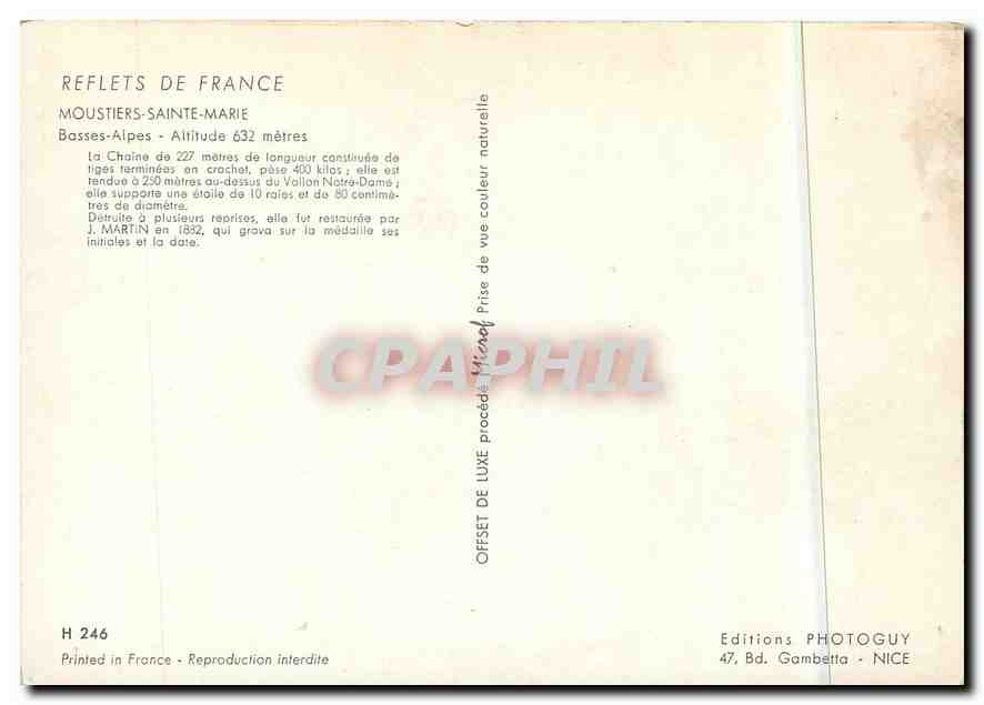 CPM Reflets de France Moustiers Sainte Marie Basses Alpes Alt 632 m — Verso