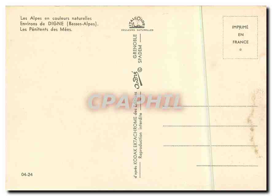 CPM Les Alpes en couleurs naturelles environs de Digne (Basses Alpes) les Penitent des Mees — Verso