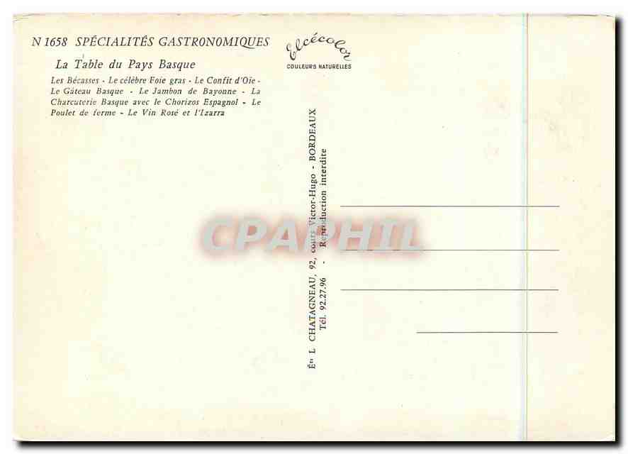 CPM Spacialites Gastronomiques la tables du Pays Basque — Rückseite
