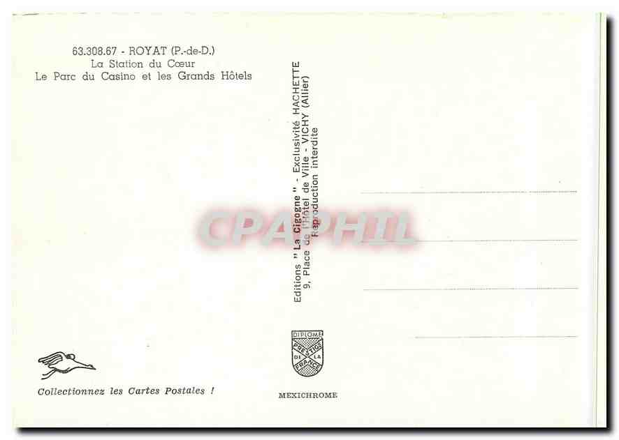 CPM Royat (P de D) La Station du Coeur le parc du Casino et les grand Hotels — Rückseite