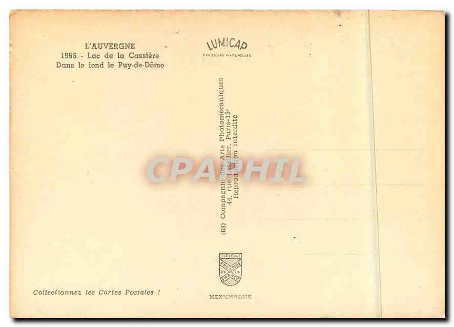 CPM L'Auvergne 1965 lac de la Cassiere dans le fond de Puy de Dome — Rückseite