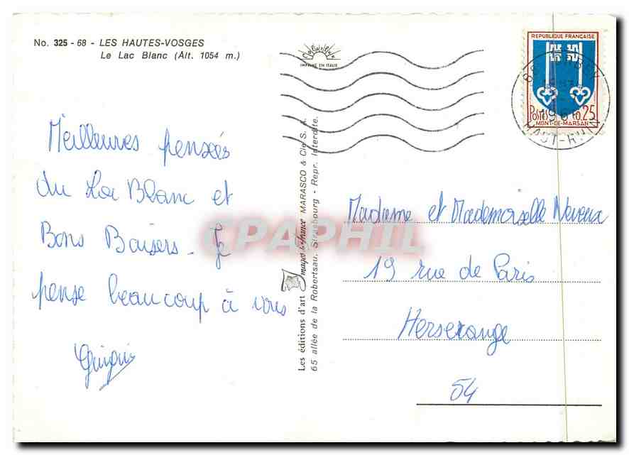 CPM Les Hautes Vosges Le Lac Blanc (Alt 1054 m) — Verso