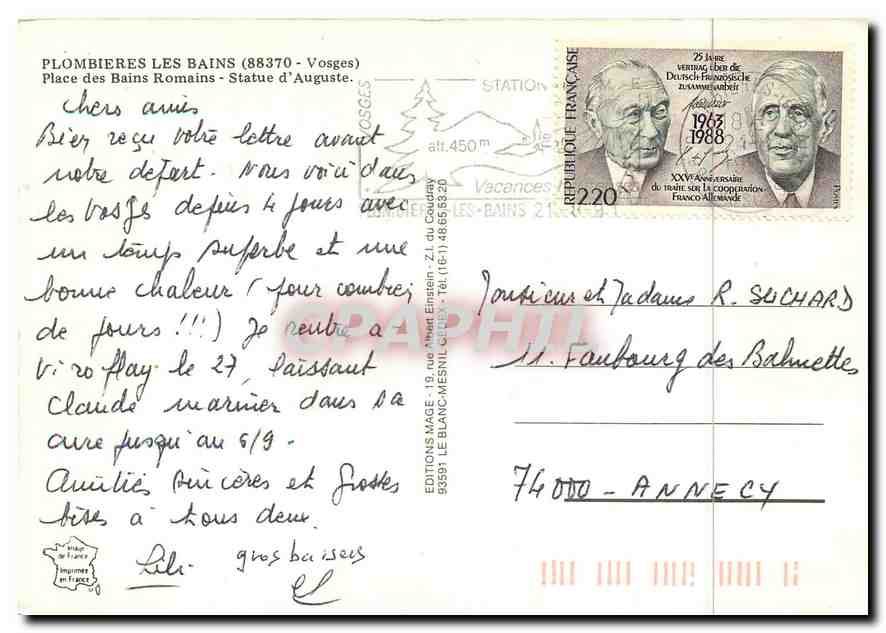 CPM Plombieres les Bains (Vosges) Place des Bains Romains statue d'Auguste — Verso