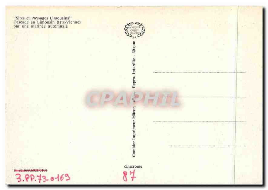 CPM Sites et Paysages Limousins Cascades en Limousin (Hte vienne) par une matinee automate — Back