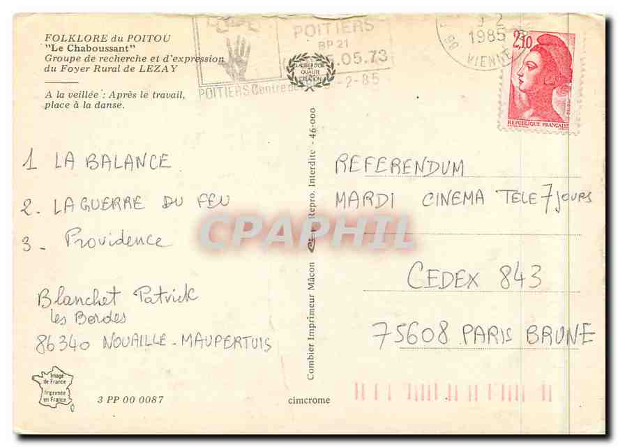CPM Foklore du Poitou Le Chaboussant Groupe de recherche et d'expression du Foyer Rural de Lezay Fol — Rückseite