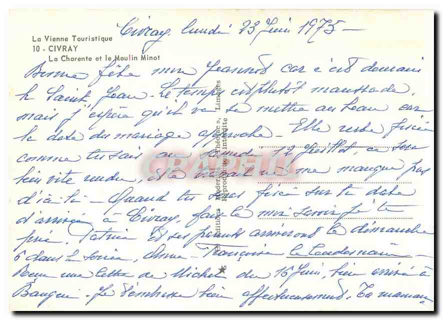 CPM La Vienne touristique Civry la charente et le Moulin Minot — Back