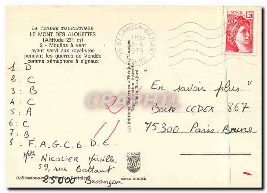 CPM Vendee Pittoresque Le Mont des Alouettes (Alt 231m) Moulins a vent — Back