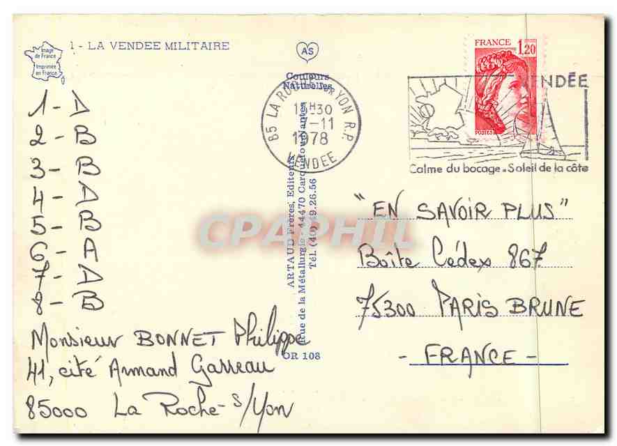 CPM La Vendee Militaire — Rückseite