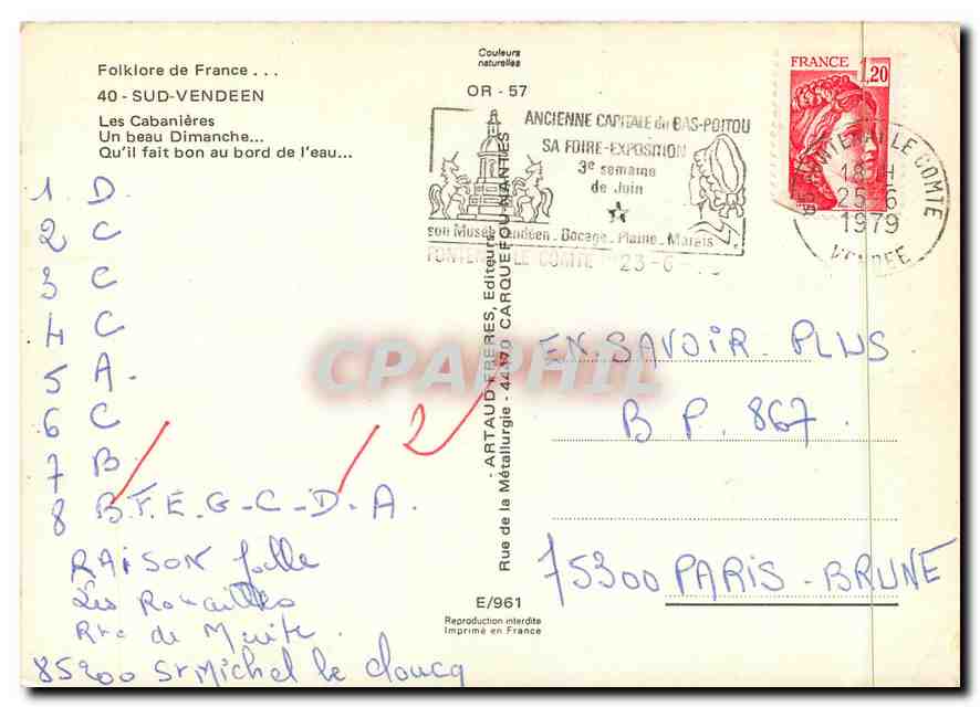CPM Filklore de France sud Vendeen Les Cabanieres Un beau dimanche — Rückseite