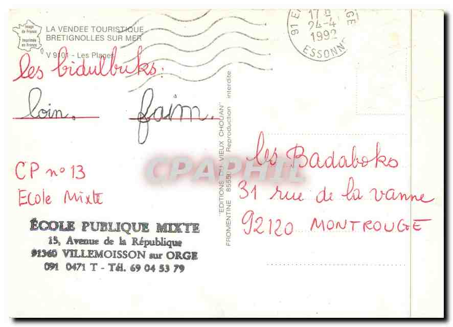 CPM La Vendee Touristique Bretignolrs sur Mer — Back