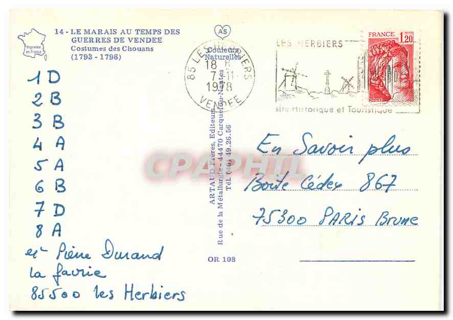 CPM Le Marais au temps ses Guerres de Vendee Costumes des Chouans — Back