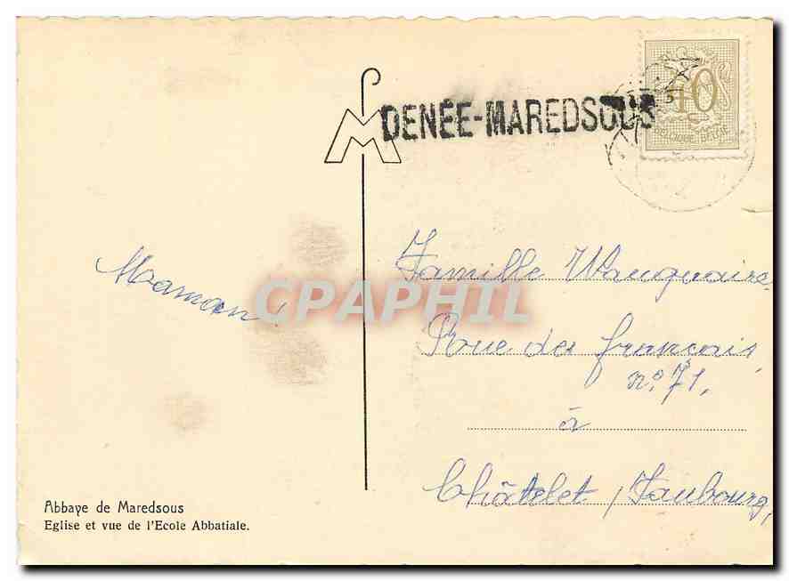CPM  Abbaye de Maredsous Eglise et vue de l'Ecole Abbatiale (carte toilee) — Rückseite