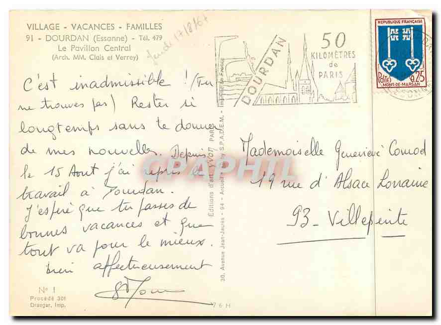 CPM Village Vacance Familles Douadan (Essonne) Le Pavillon Centrale — Verso