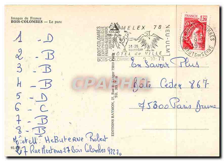 CPM Images de France Bois Colombes Le Parc — Rückseite