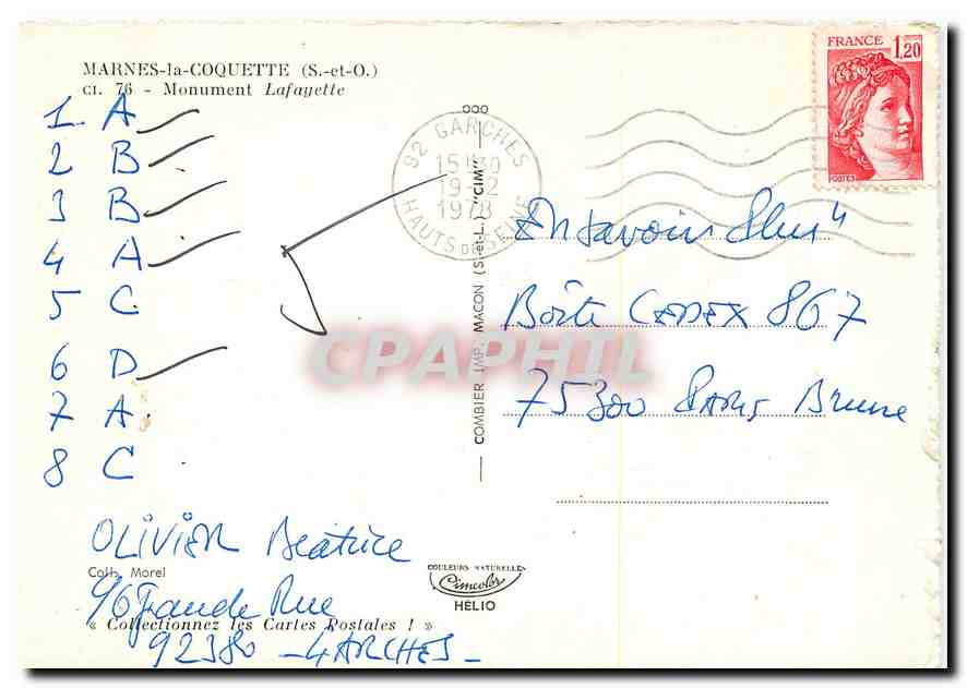 CPM Marnes la Coquette (S et O) Monument Lafayette — Rückseite