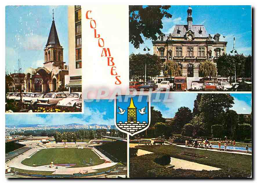 CPM Colombes Le clocher de l'ancienne Eglise St Pierre St Paul La Mairie le Stade le Square aux oise