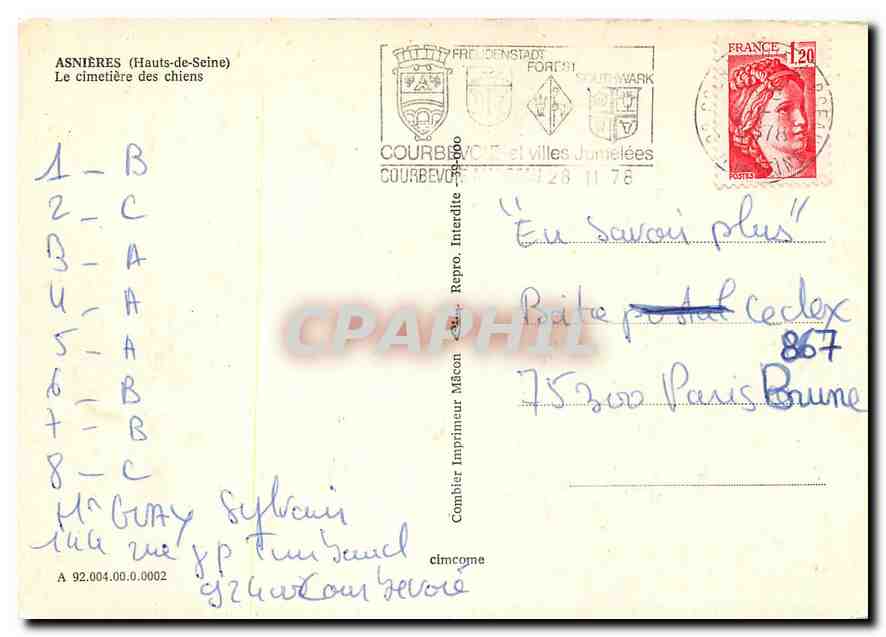 CPM Asnieres (Hauts de Seine) Le Cimetire des chiens — Rückseite
