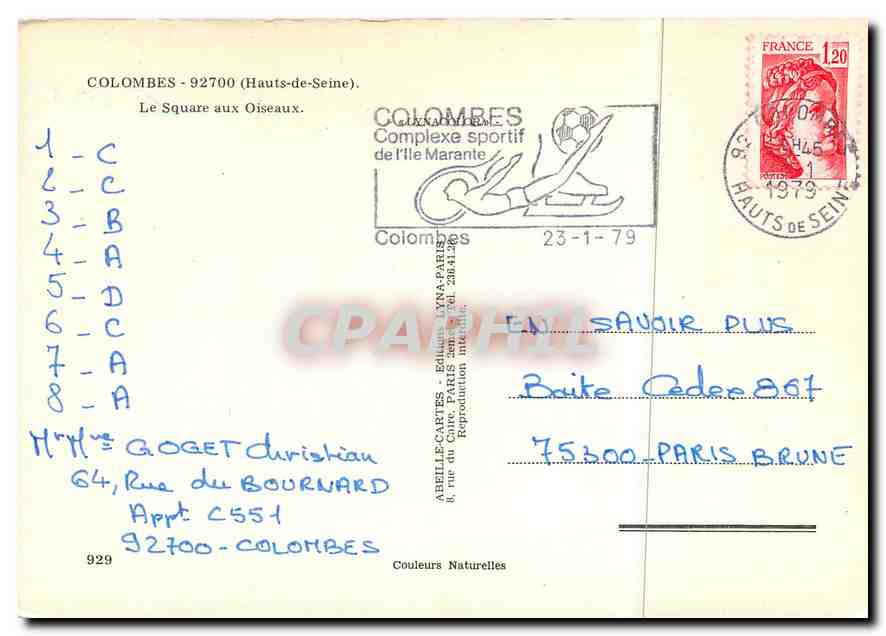 CPM Colombes (Hauts de Seine) Le Square aux Oiseaux — Rückseite