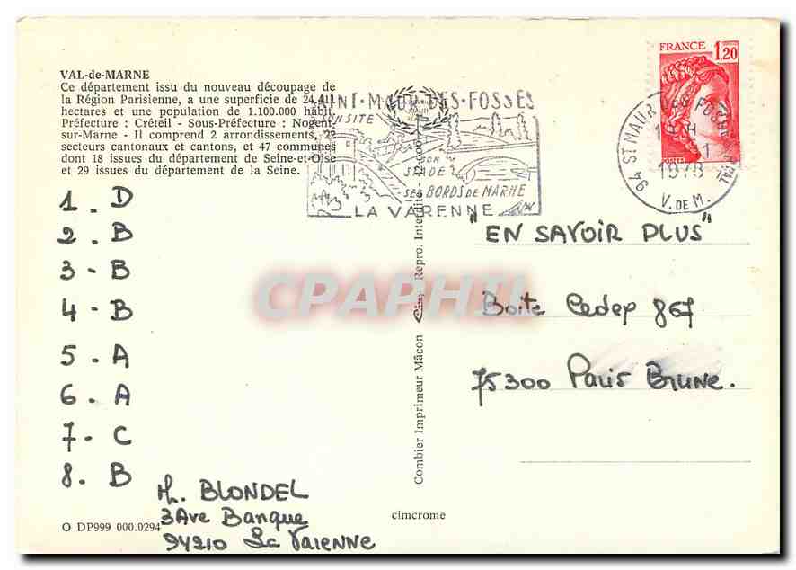 CPM Val de Marne departement issu du noveau decoupage de la region Parisienne — Back