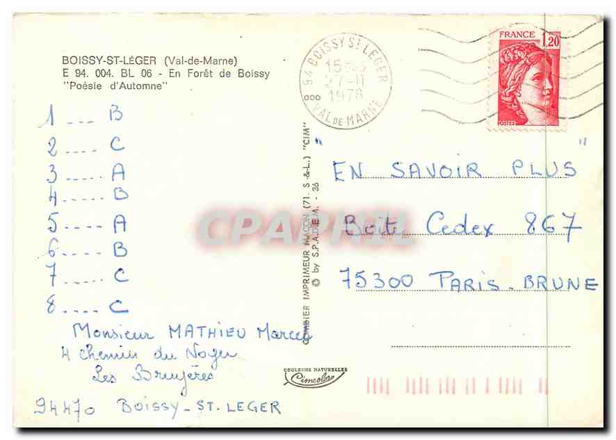 CPM Boissy St Leger (Val de Marne) En Foret de Boissy Poesie d'Automne — Back