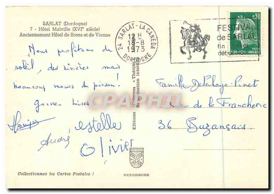 CPM Sarlat (Dordogne) Hotel Malville (XVIe s) — Rückseite