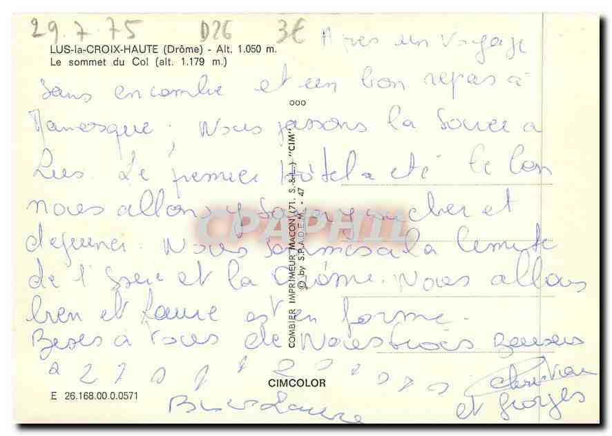 Col de la Croix-Haute — Route N75 — Imprimeur Maconi — Rückseite