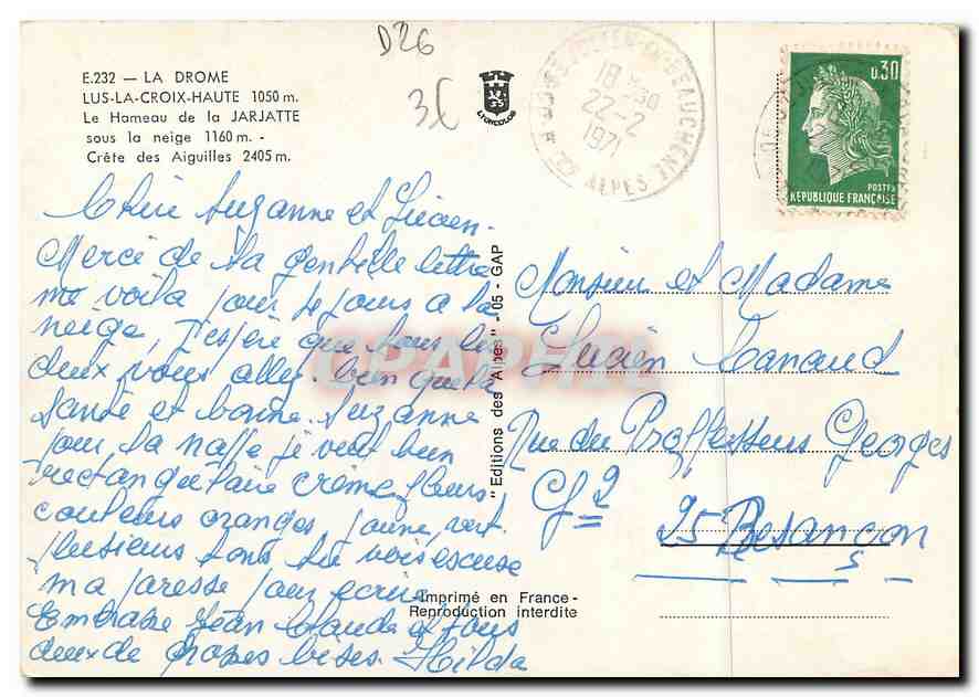 Lus-la-Croix-Haute — Le Hameau de la Jaratte sous la neige — Éditions des 'Aires' - n° D26 — Back