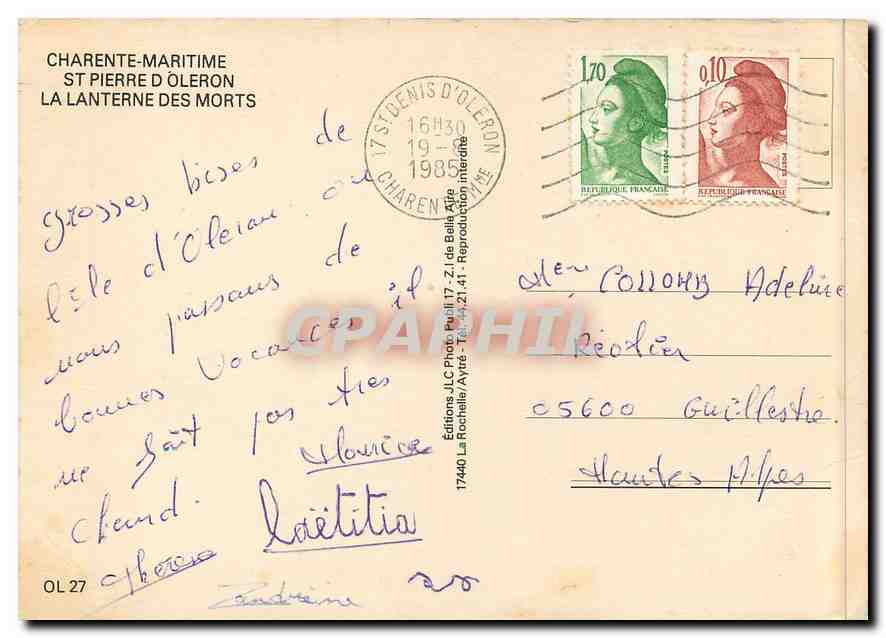 CPM Charente Maritime St Pierre d'Oleron La Lanterne des Morts — Back
