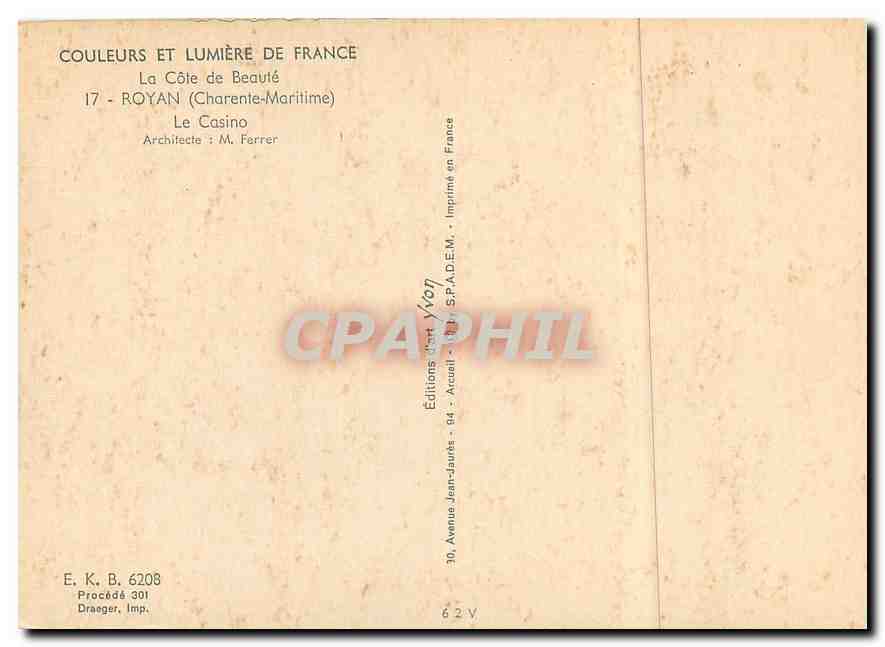 CPM Couleurs et Lumiere de France La Cote de Beaute Royan (Ch Mme) le Casino — Back