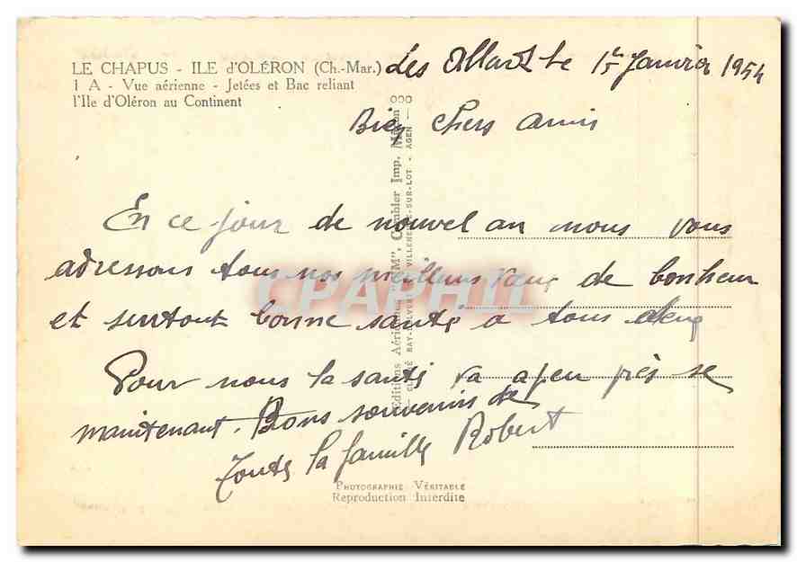 CPM Le Chapus Ile d'Oleron (Ch Mme) Vue aerinnne Jetee et Bac reliant l'Ile d'Oleron au COntinent — Back