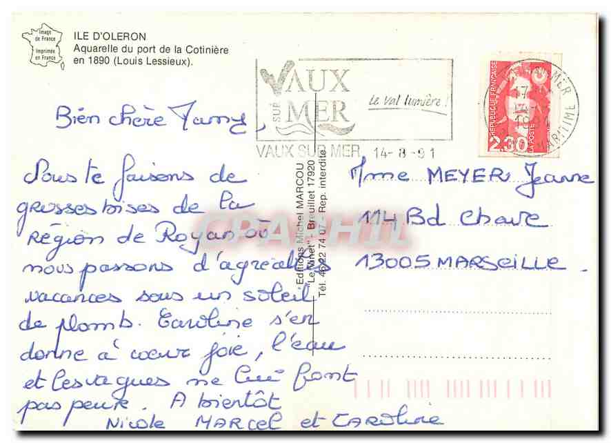 CPM Ile d'Oleron Aquarelle du port de la Cotiniere en 1890 (Louis Lessieux — Back
