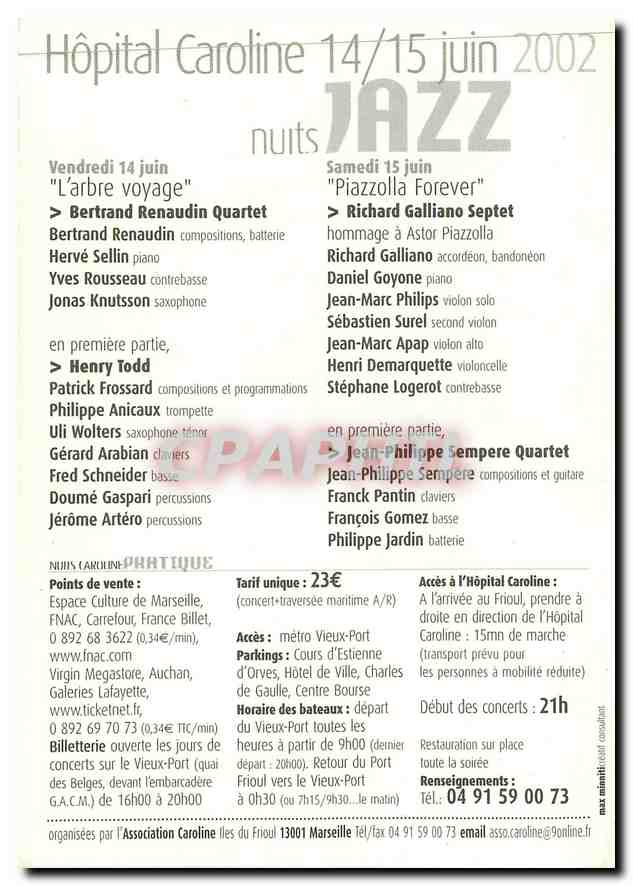 CPM Hopital Caroline 14 15 juin 2002 Bertrand Renaudin Richarl Galliano Arbre voyage Piazzolla forev — Rückseite