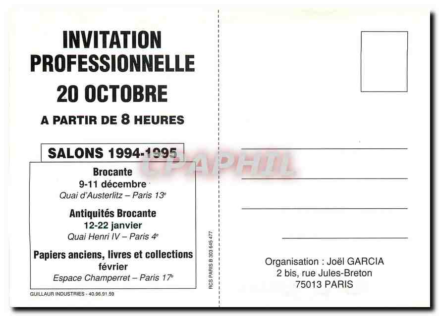 CPM Paris Espace Champerret 21 au 30 oct Salon des Papiers anciens et collections Paris — Rückseite