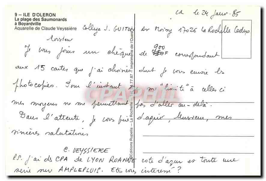 CPM Ile d'Oleron La plage des Saumonards a Boyadville Aquarelle de Claude Veyssiere — Verso