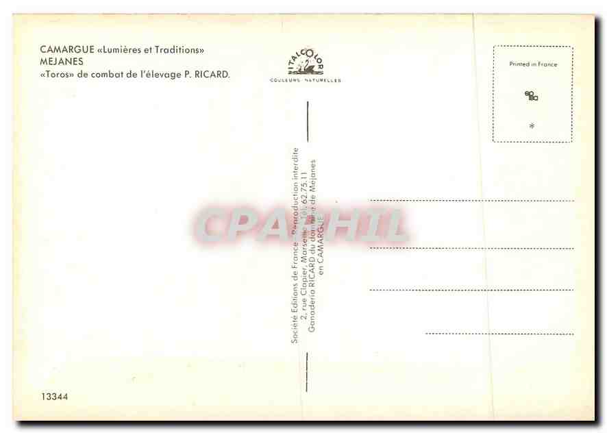 Camargue — Toros de combat de l'élevage P. Ricard — Société Éditions de France — Verso