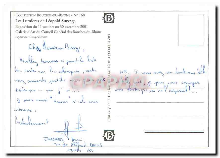 CPM Les Lumieres de Leopold Survage Exposotion du 11 oct au 30 dec 2001 — Verso