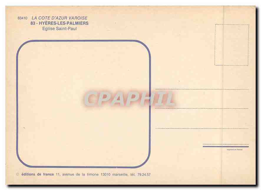 CPM La Cote d'Azur Varoise Hyeres les Palmiers Eglise Saint Paul — Rückseite