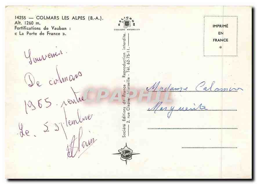 CPM Colmars les Alpes (B A) Alt 1260 m Fortifications de Vauban La Porte de France — Verso