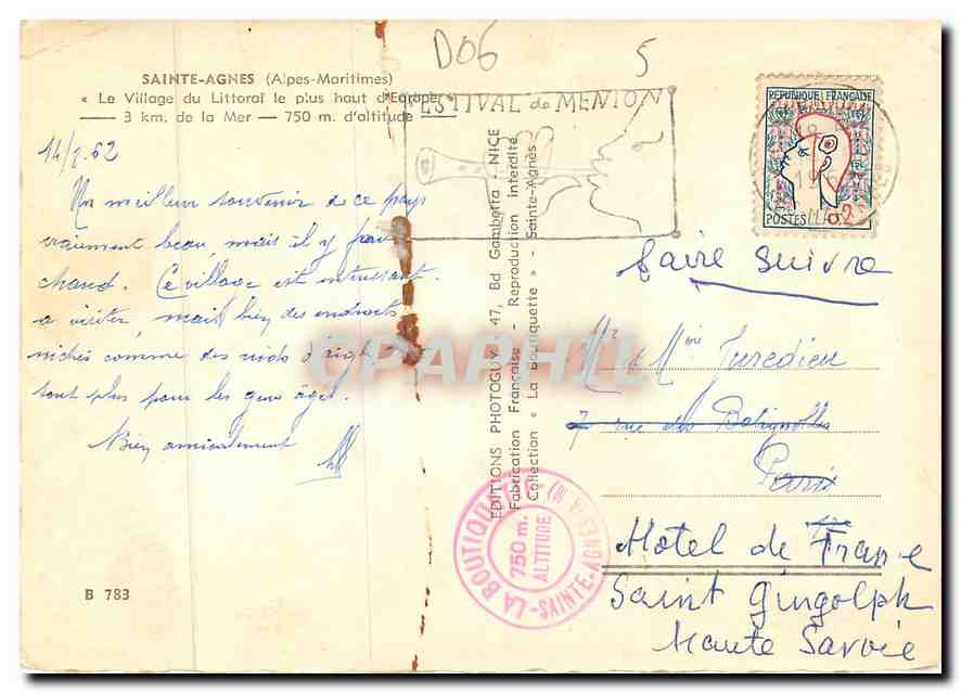 CPM Sainte Agnes (Alpes Maritimes) Le Village du littoral plus haut — Rückseite