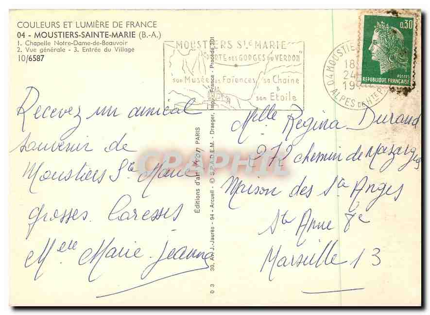 CPM Couleurs et Lumiere de France Moustiers Sainte Marie (B A) Chapelle Notre Dame de Beauvoir Vue g — Verso