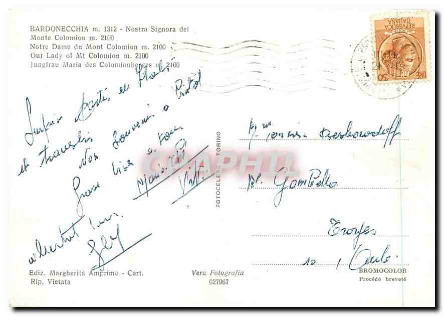 CPM Bardinocchia 1312 m Notre Dame du Mont Colomion 2100m — Rückseite