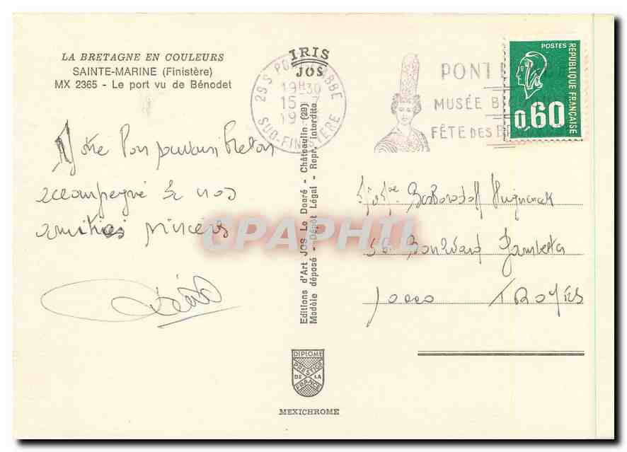Le port vu de Bénodet — Finistère — Éditions d'Art Jos, n° MX 2365 — Reverso