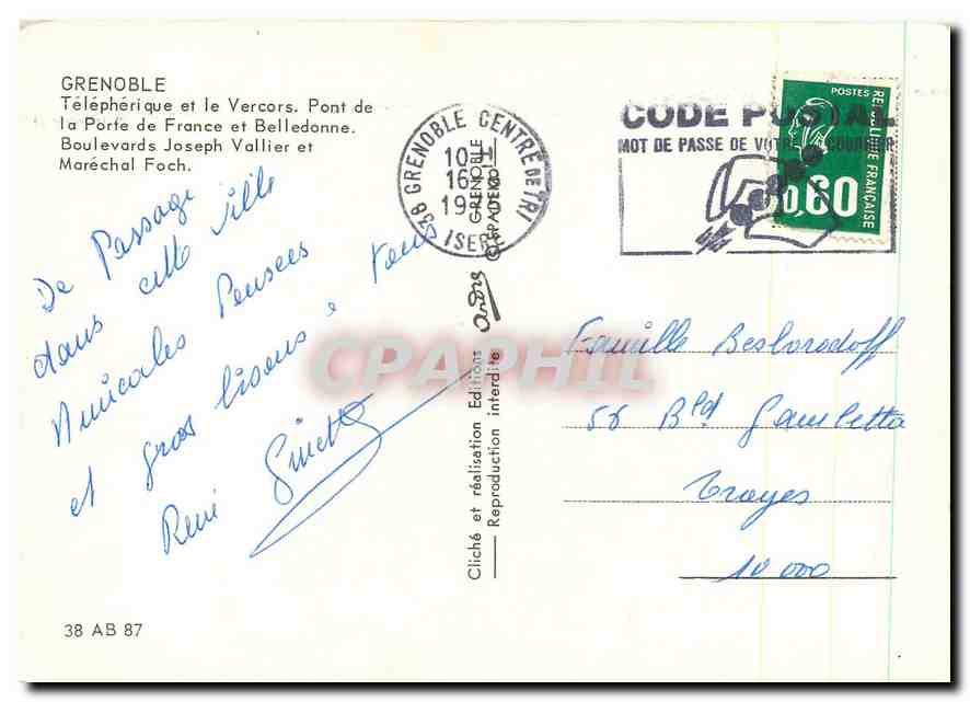 CPM Grenoble Telepherique et le Vercors Pont de la porte de France et Bellledonne Boulevards Joseph  — Rückseite
