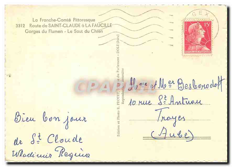 CPM La Franche Comte Pittoresque Route de Saint Claude a la Faucillle Gorges de Flumen le Saut du Ch — Rückseite