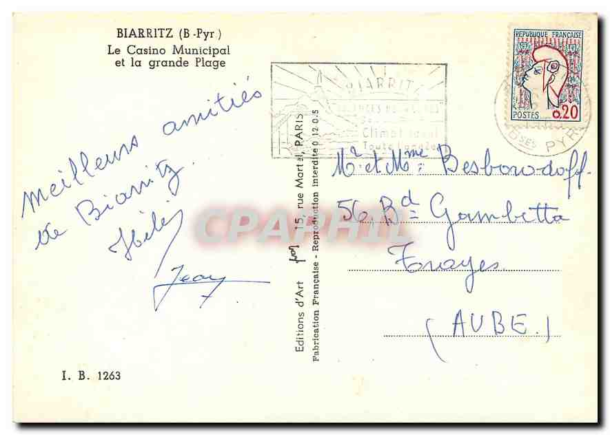 CPM Biarritz (B Pyr) Le Casino Municipal et la grande Plage — Verso