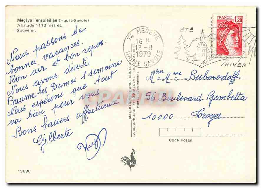 CPM Megeve l'ensoleillee (Haute Savoie) Alt 1113 metres souvenir — Back