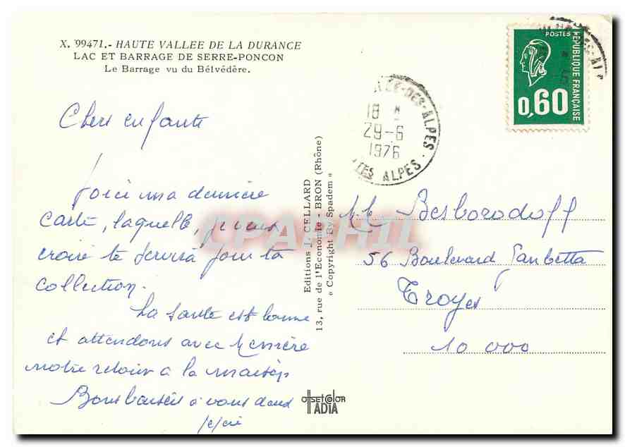 Barrage de Serre-Ponçon sur la Durance — Éditions J. Cellard, n° X. 99471 — Rückseite