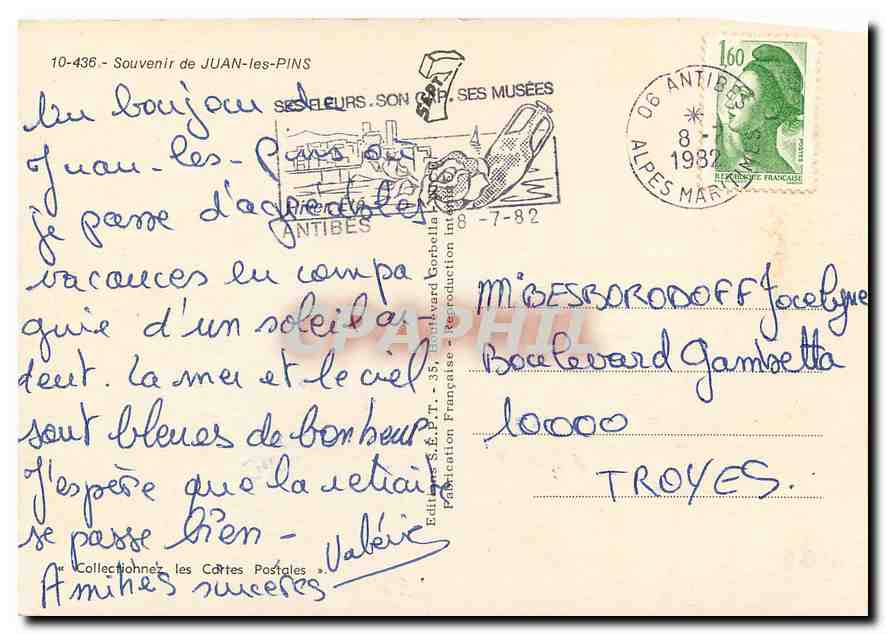 CPM Souvenir de Juan les Pins Ses Fleurs Son Cap Ses Musees — Rückseite