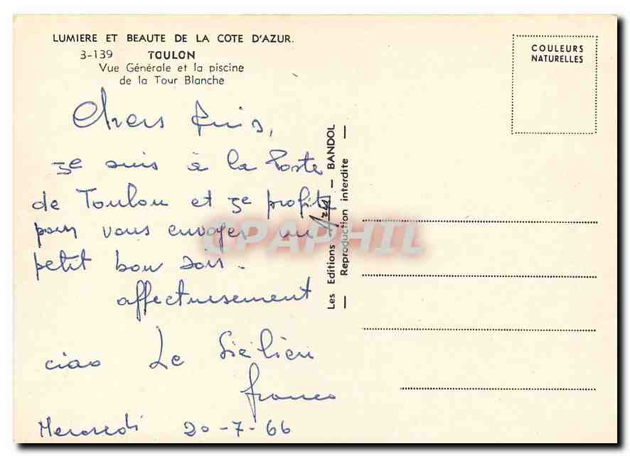 Toulon — Vue Générale de la Tour Blanche — Les Editions BANDOL — Rückseite