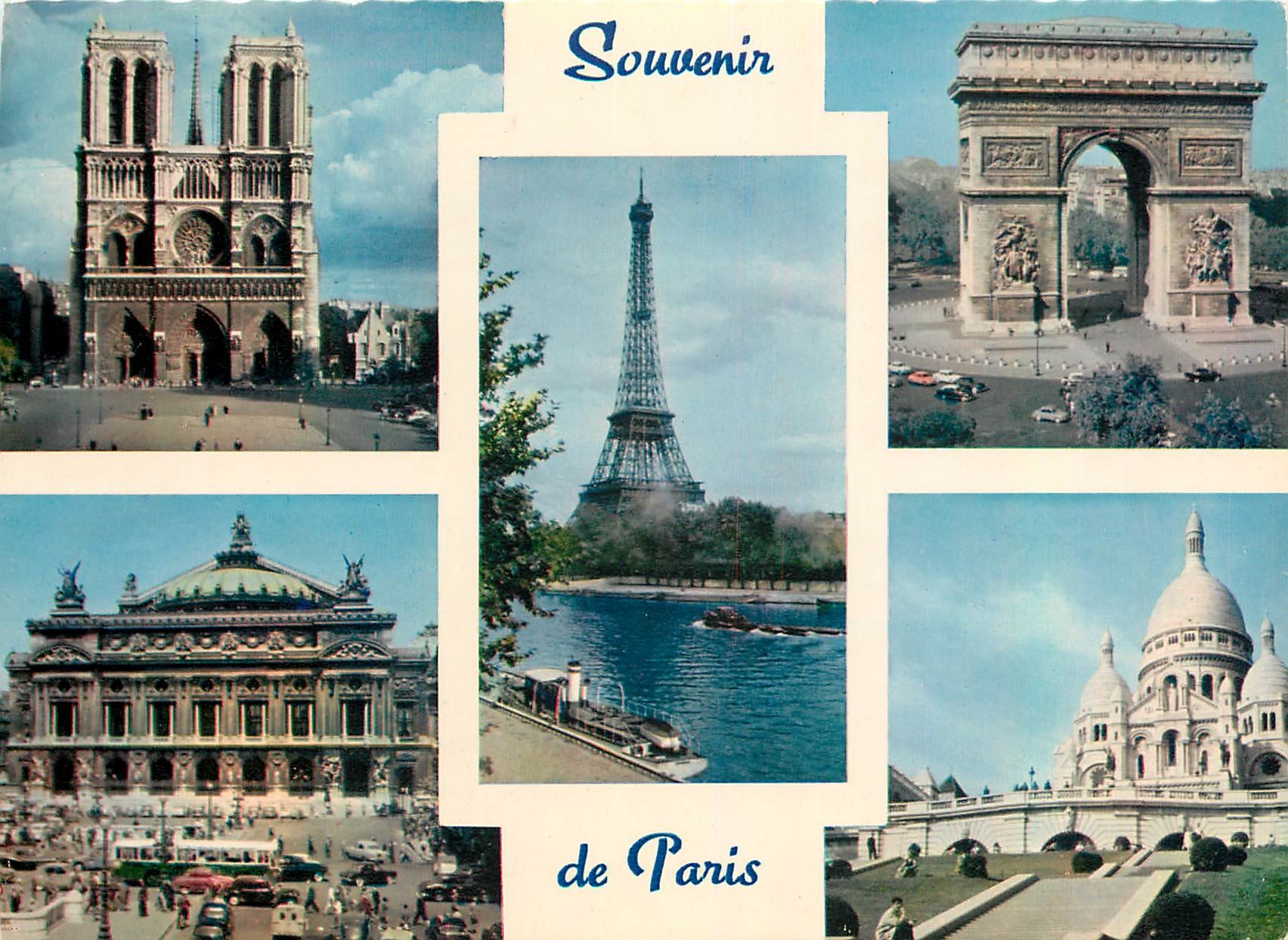 CPM Souvenir de Paris Notre Dame Place de l'Etoile La Toue Eiffel L'Opera le Sacre Coeur